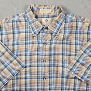 Vintage Viyella Shirt Mens XL Blue Tan Plaid Short‎ Sleeve Button Down Pocket
